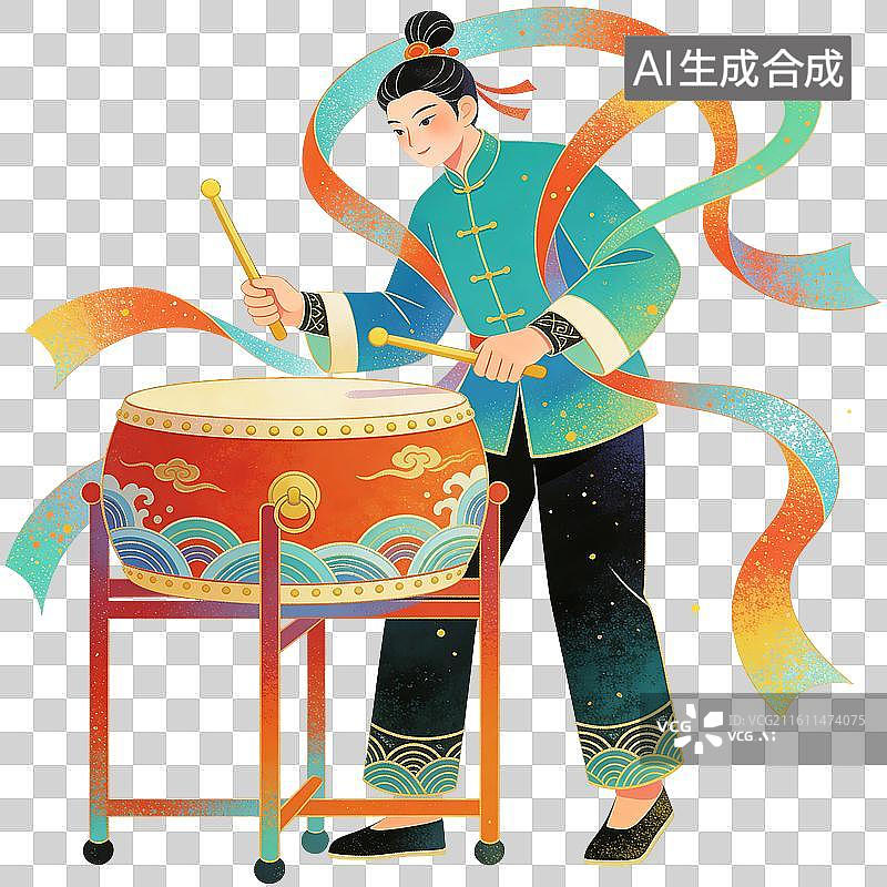 【AI数字艺术】节日敲鼓人物插画图片素材