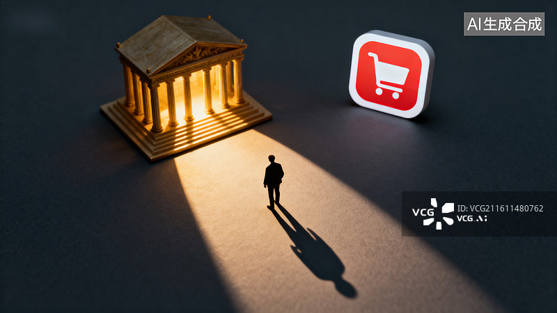 【AI数字艺术】人物走向建筑与购物图标图片素材
