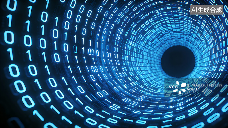 【AI数字艺术】蓝色二进制代码隧道科技感图片素材