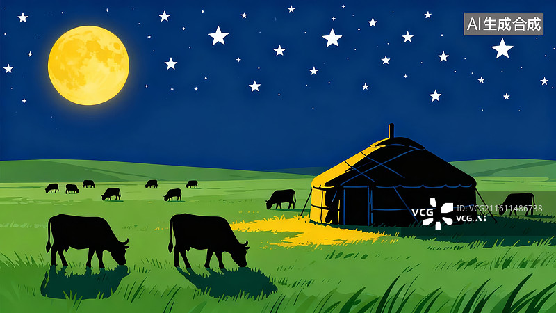 【AI数字艺术】月夜草原羊圈与牛群图片图片素材