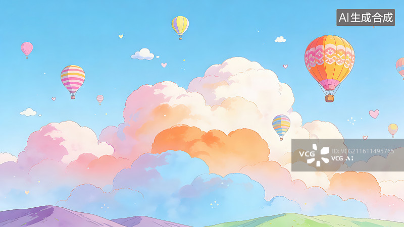 【AI数字艺术】治愈系马卡龙色热气球梦幻云端童话风插画背景，手绘梦幻云彩天空美丽自然风景背景图片素材