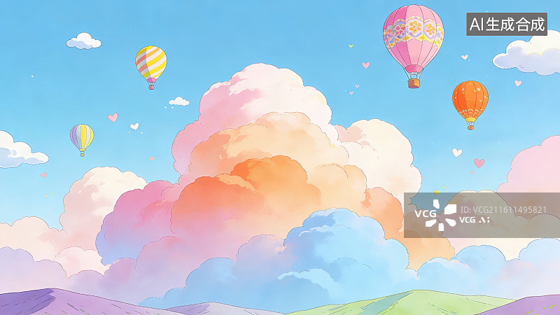 【AI数字艺术】治愈系马卡龙色热气球梦幻云端童话风插画背景，手绘梦幻云彩天空美丽自然风景背景图片素材