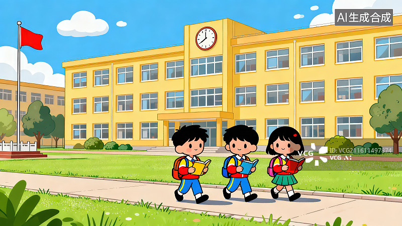 【AI数字艺术】晴朗蓝天白云下三个卡通学生在教学楼面前手捧着书结伴而行，开学季校园学生结伴返校教学楼背景图片素材