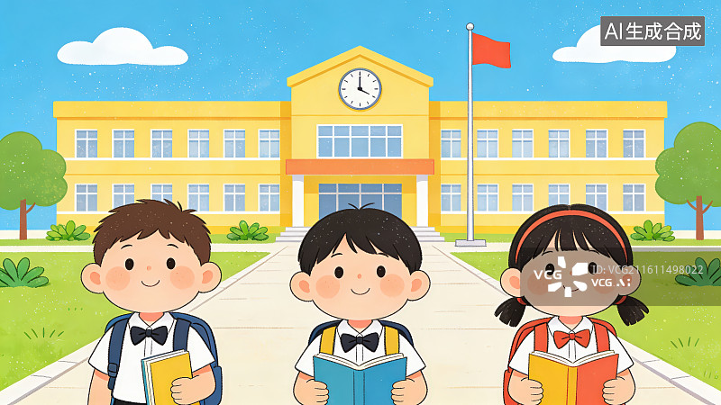 【AI数字艺术】晴朗蓝天白云下三个卡通学生在教学楼面前手捧着书结伴而行，开学季校园学生结伴返校教学楼背景图片素材
