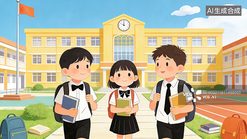 【AI数字艺术】晴朗蓝天白云下三个卡通学生在教学楼面前手捧着书结伴而行，开学季校园学生结伴返校教学楼背景图片素材