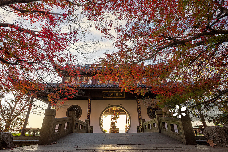 杭州西湖平湖秋月入画寻诗楼红枫秋色图片素材