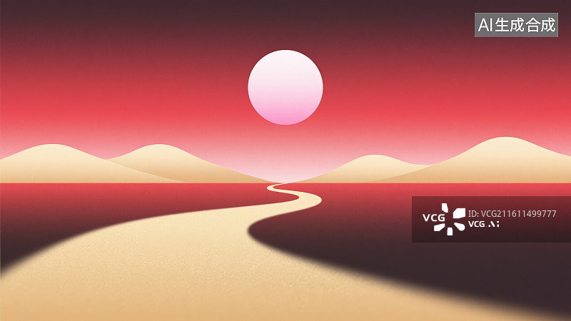 【AI数字艺术】撞色极简风日出落日沙海沙丘山脉与弯曲路径氛围背景图片素材