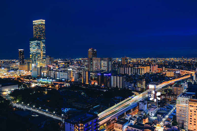 日本大阪城通天阁通天塔远眺城市日落晚霞夜色图片素材