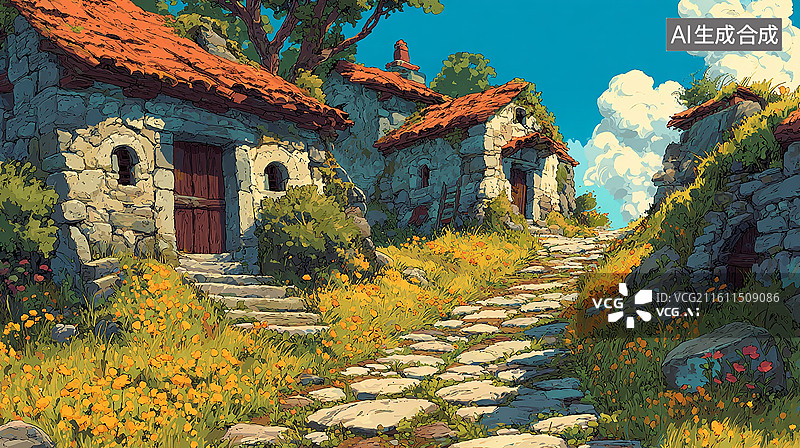 【AI数字艺术】山间彩色小屋风景插画图片素材