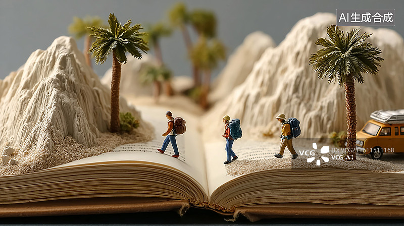 【AI数字艺术】打开书本上的户外旅行微缩场景图片素材