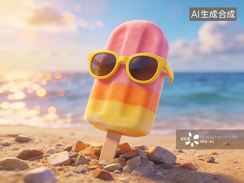 【AI数字艺术】沙滩上的彩色冰棒戴墨镜图片素材