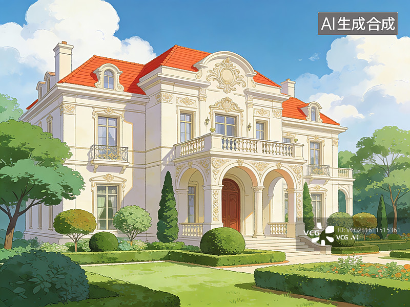 【AI数字艺术】欧式别墅庭院景观图片素材