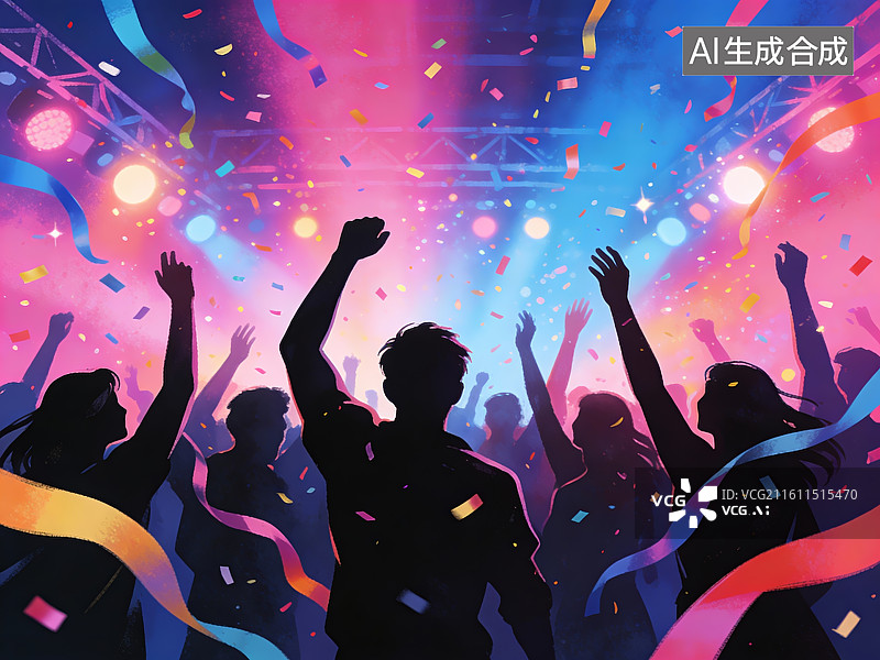 【AI数字艺术】人群在彩带和灯光下欢庆图片素材