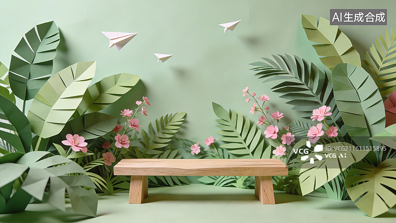【AI数字艺术】纸艺植物与木凳场景图片素材