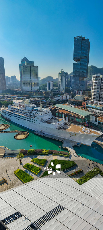 广东省深圳市南山区，海上世界明华轮，城市风光，航拍图片素材