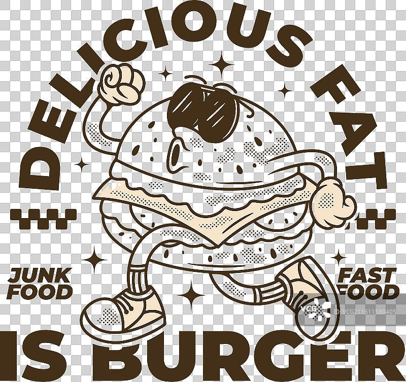 复古风格的跳跃汉堡吉祥物形象图片素材