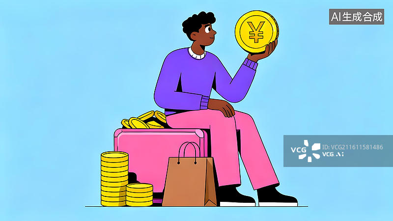【AI数字艺术】人物手持金币坐在行李旁图片素材
