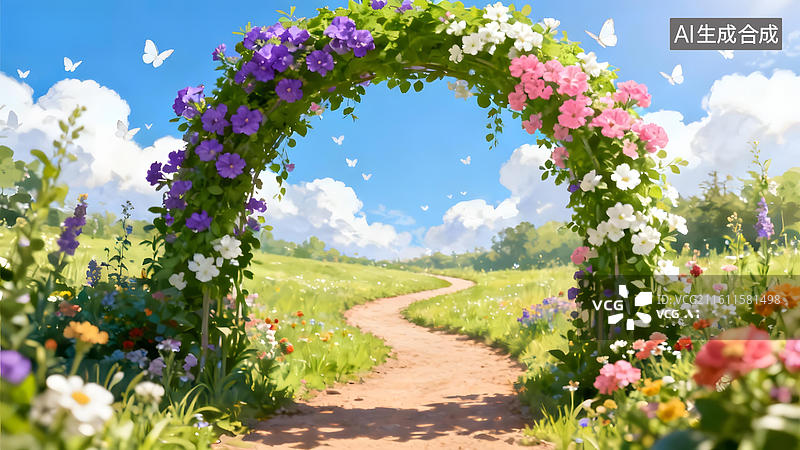 【AI数字艺术】花拱门下的田园小径图片素材