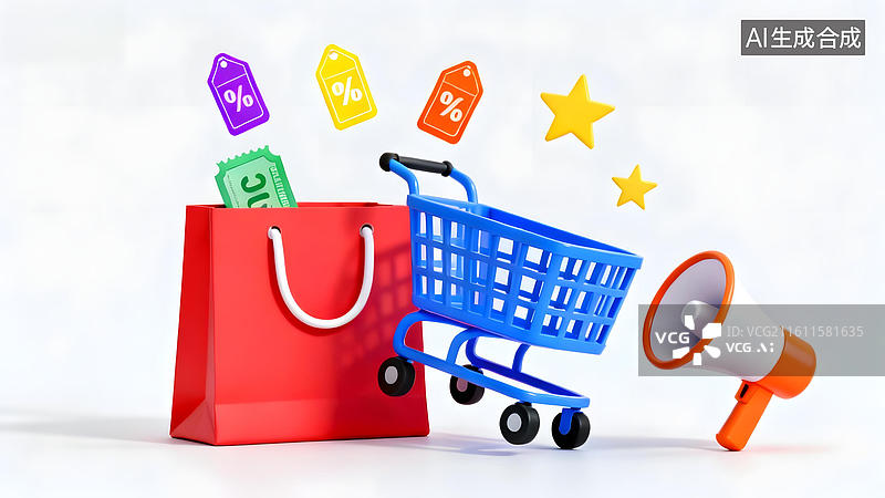 【AI数字艺术】购物袋与购物车促销场景图片素材