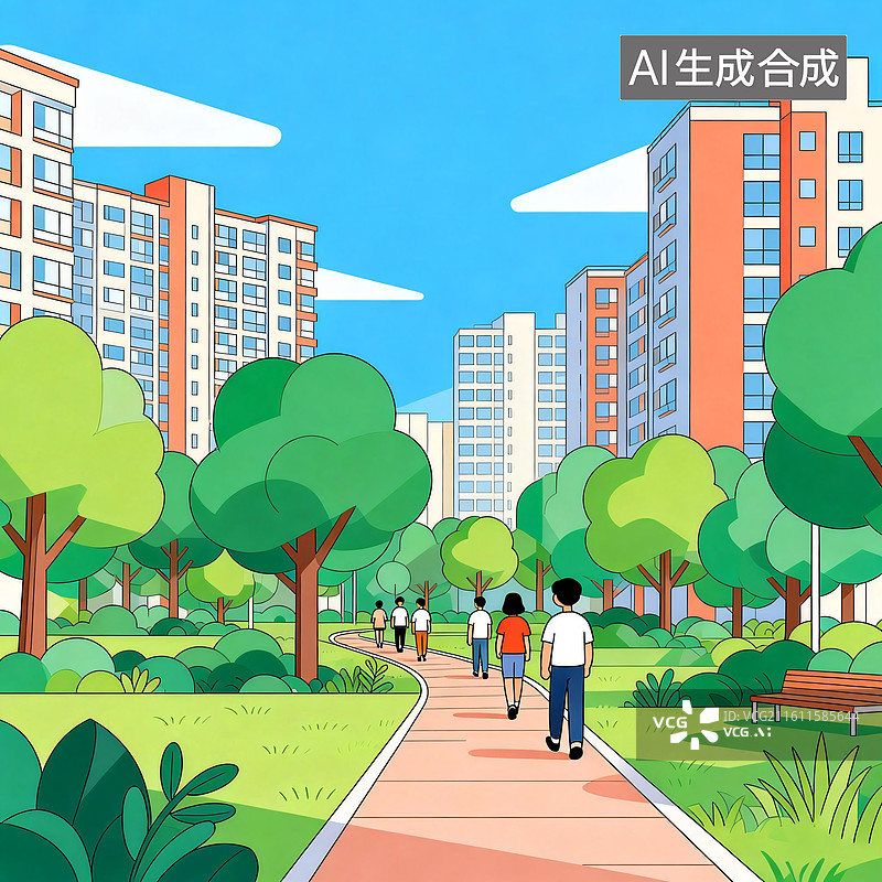 【AI数字艺术】城市居民小区绿化步道散步场景图片素材