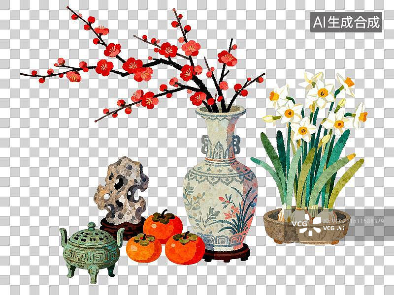 【AI数字艺术】岁朝清供 古瓶插红梅 插画PNG元素图片素材