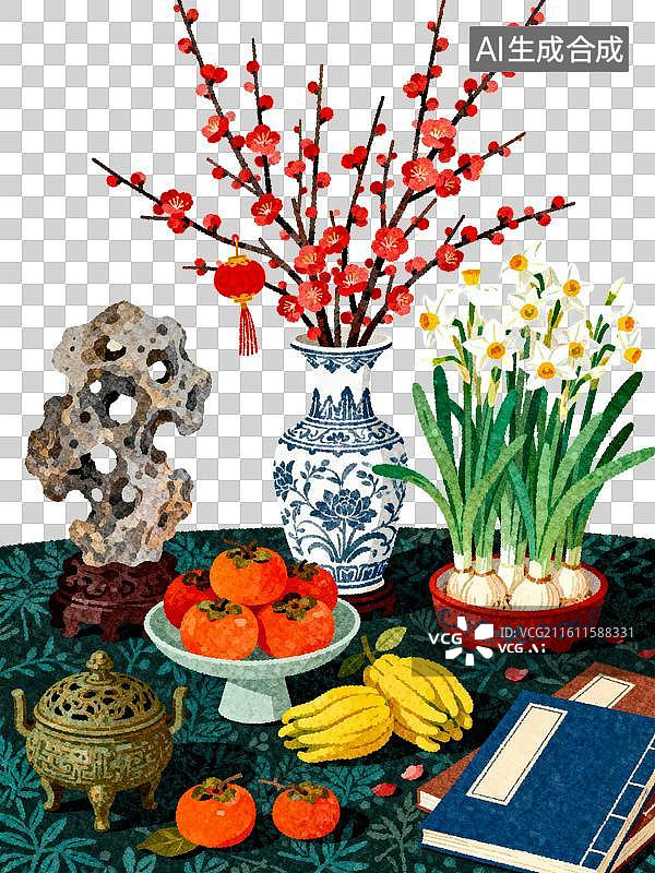 【AI数字艺术】岁朝清供 古瓶插红梅 插画PNG元素图片素材