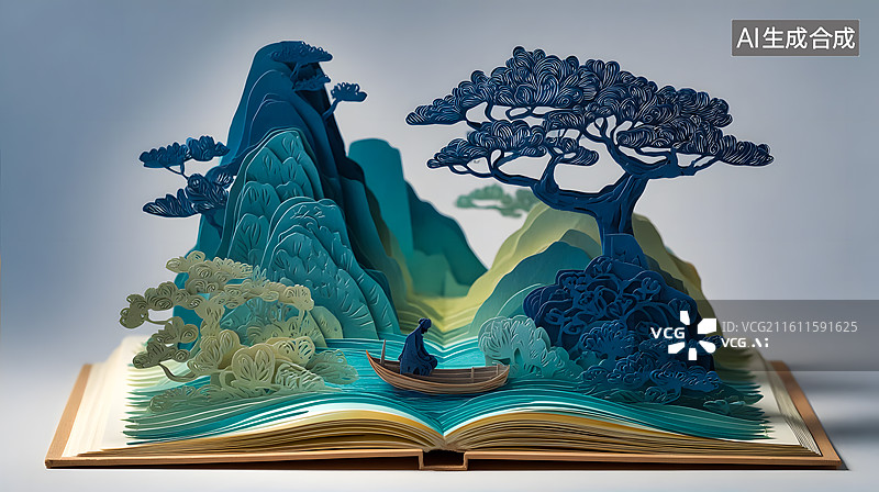 【AI数字艺术】立体书里的山水意境翻开书本遇见诗意山水图片素材