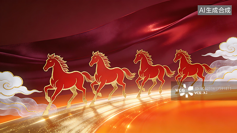 【AI数字艺术】红金马群喜庆背景 新年春节营销海报配图 年货推广活动氛围图片素材