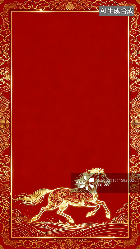 【AI数字艺术】红金喜庆马纹边框背景 新年春节营销海报配图 年货推广活动氛围图片素材