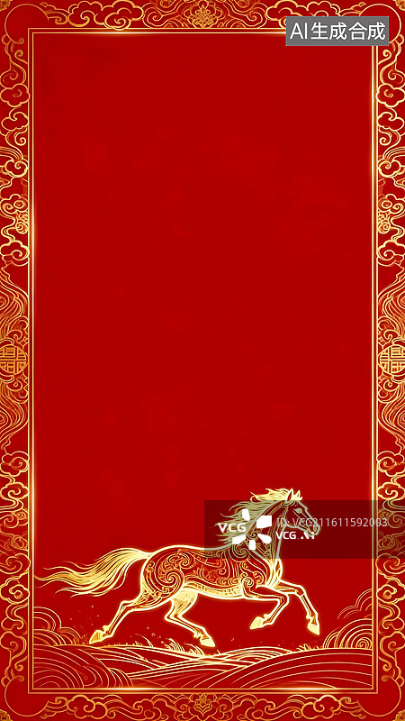 【AI数字艺术】红金喜庆马纹边框背景 新年春节营销海报配图 年货推广活动氛围图片素材
