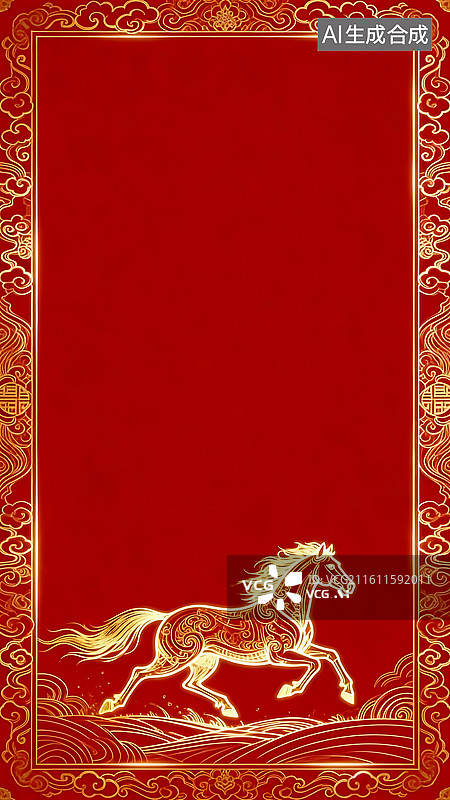 【AI数字艺术】红金喜庆马纹边框背景 新年春节营销海报配图 年货推广活动氛围图片素材