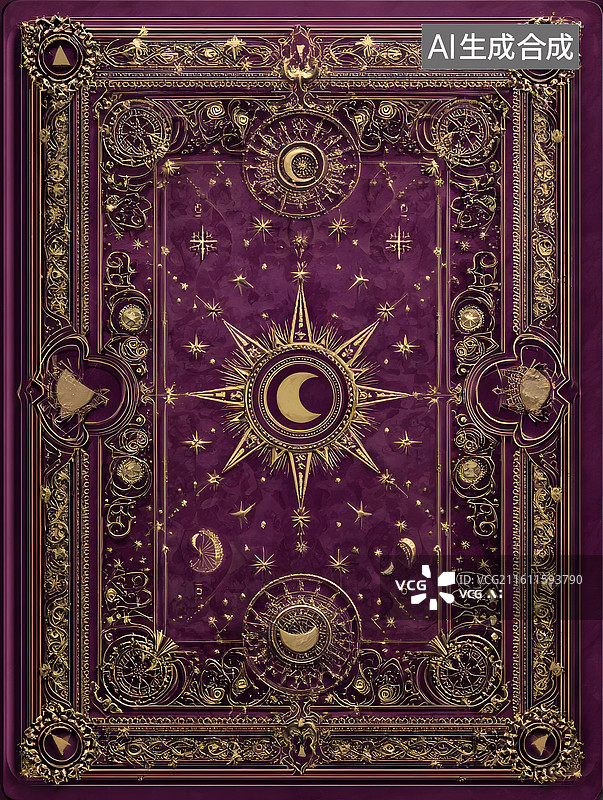 【AI数字艺术】神秘紫色魔书封面金色星月魔典籍设计图片素材