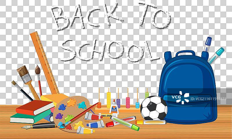 木桌上的文具和背包图片素材