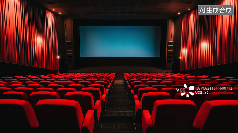 【AI数字艺术】电影院放映厅荧幕和座椅人造空间图片素材