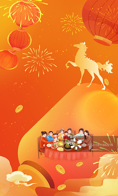 国潮风新春插画 2026马年春节创意 金马站在灯笼上贺新年 除夕阖家团圆 橙红背景焰火喜庆氛围 竖版图片素材