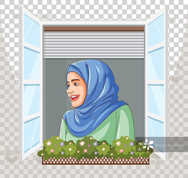 戴着头巾的女性透过敞开的窗户微笑图片素材