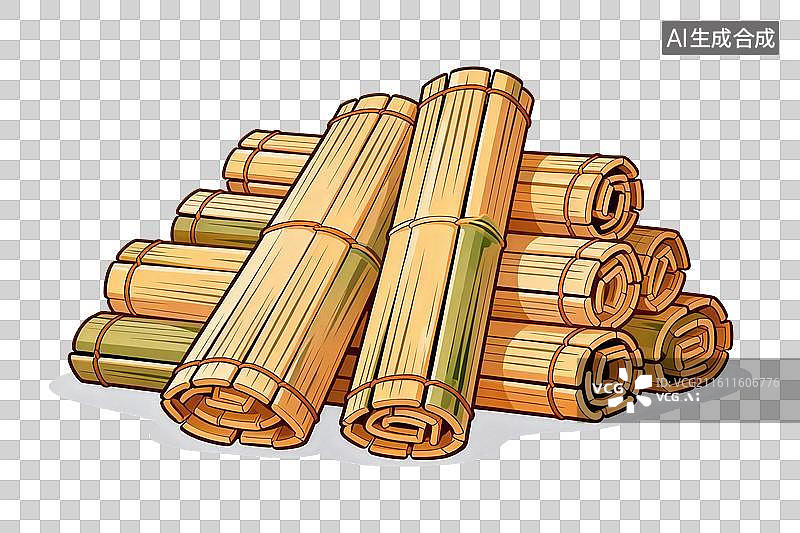 【AI数字艺术】卡通风格，堆积的竹简PNG格式的免扣元素图片素材