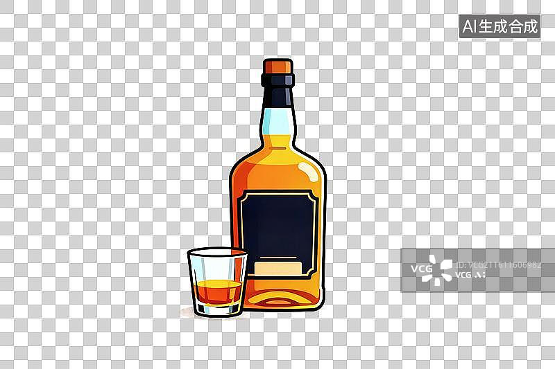 【AI数字艺术】卡通风格，一瓶威士忌PNG格式的免扣元素图片素材