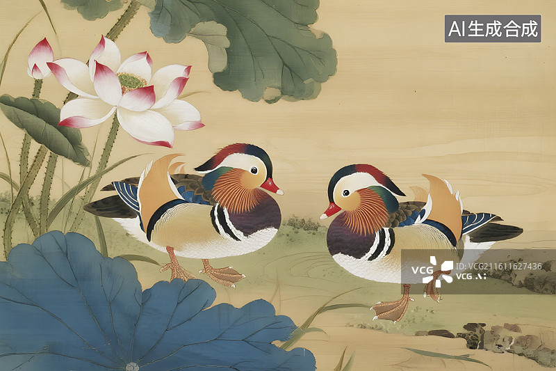 【AI数字艺术】鸳鸯戏水刺绣图图片素材