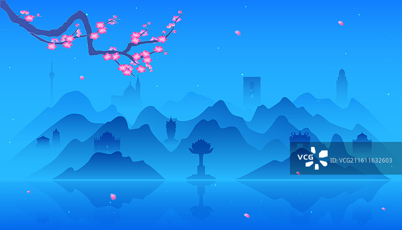 澳门城市建筑冬天千里江山插画图片素材