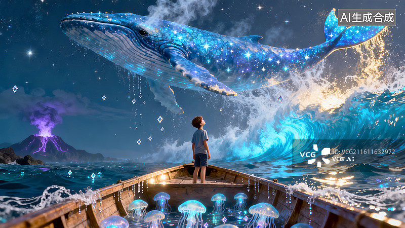 【AI数字艺术】星空鲸鱼梦幻感海上泛舟场景图片素材