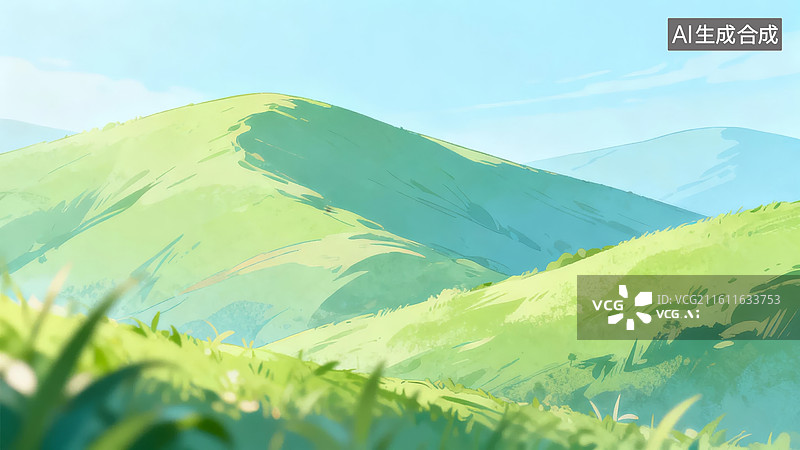 【AI数字艺术】翠绿山峦与蓝天白云图片图片素材