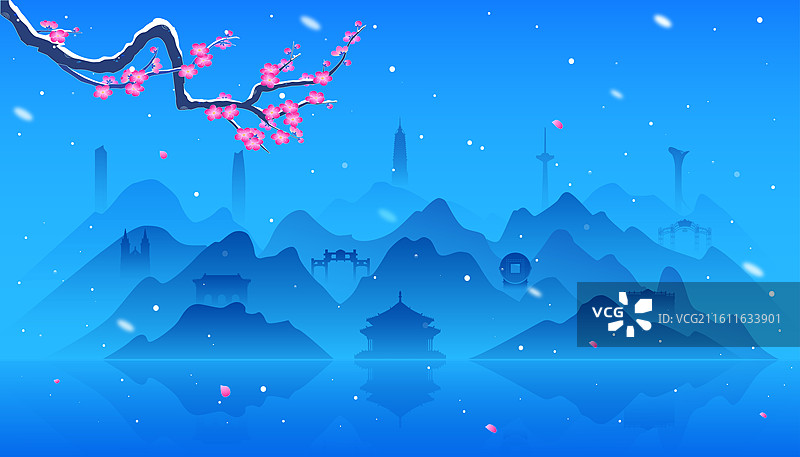 沈阳城市建筑冬天雪景千里江山插画图片素材