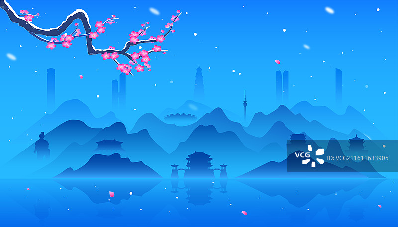 西安城市建筑冬天雪景千里江山插画图片素材