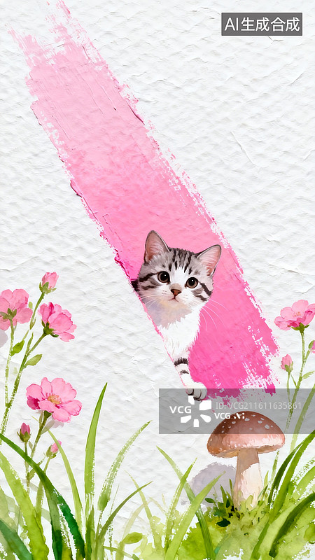 【AI数字艺术】白色水粉纸纹理为背景，有极简的一笔粉色斜面笔触，有一只可爱的小狸猫，粉色花朵和小草，蘑菇图片素材