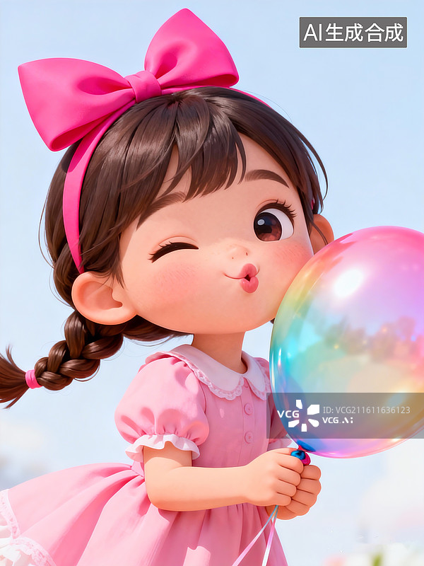 【AI数字艺术】一个扎着麻花辫、头戴鲜艳粉色蝴蝶结、身着清新粉色连衣裙的甜美可爱卡通小女孩，握着一个色彩斑斓的气球图片素材