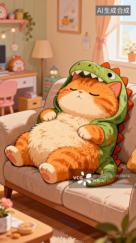 【AI数字艺术】卡通胖橘猫，头大身子小，毛茸茸，穿着恐龙睡衣，躺着沙发上，背景可爱家居。图片素材