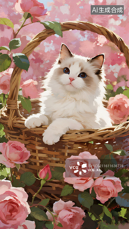 【AI数字艺术】油画风摄影风格，可爱的白色布偶猫趴在铺满粉色玫瑰花的竹篮上，画面充满自然温馨梦幻美感。图片素材