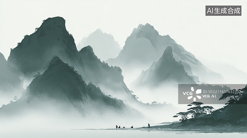 【AI数字艺术】雾中山峦与湖畔行旅图片素材