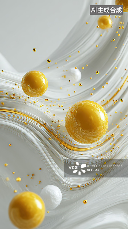 【AI数字艺术】金色球体与流动纹理的抽象构图图片素材